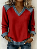 PINE | CHRISTMAS-INSPIRED PATCHWORK ART V-NECK TOP