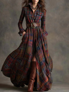 Retro lapel reddish brown plaid maxi dress
