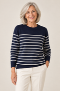 Marion – Breton Stripe Crewneck Pullover Jumper on a mature model