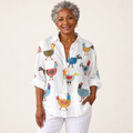Éadaoin chicken-print blouse on mature model, front view