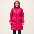 Mature British woman wearing the HELSA Pink padded jacket on a clean warm off-white studio background