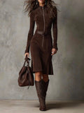 Brown Vintage Zipper Belted Midi Dress(Includes belt)