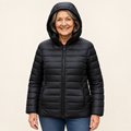 METTA Black padded jacket on mature model, front view