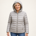 METTA Grey padded jacket on mature model, front view