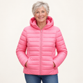 Metta transitional padded jacket in pink — mature model front view
