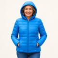 Metta transitional padded jacket in sky blue — mature model front view