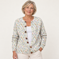 Ivadelle | Ribbed Knit Five-Button Garden Floral Cardigan worn by a mature woman on a clean background