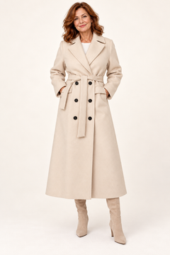 Beige belted double-breasted coat, full front view on model
