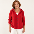 Éléonore Red Hooded Cardigan worn by a mature woman on a clean studio background