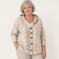 Quitterie Floral Garden Hooded Cardigan worn by a mature woman on a clean studio background