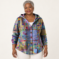 Isaline Artistic Patchwork Hooded Cardigan worn by a mature woman on a clean studio background