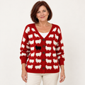 Apolline Sheep-Print Cardigan worn by a mature woman on a clean studio background