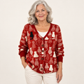 Clémence Cat-Print Cardigan worn by a mature woman on a clean studio background
