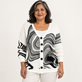 Isolde Marble-Print Cardigan worn by a mature woman on a clean studio background