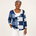 Carol Patchwork-Print Cardigan worn by a mature woman on a clean studio background