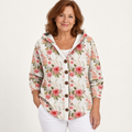 Brenda Rose-Print Hooded Cardigan worn by a mature woman on a clean studio background