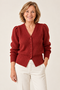 Niamh – Ribbed Puff Sleeve V-Neck Cardigan on a mature model
