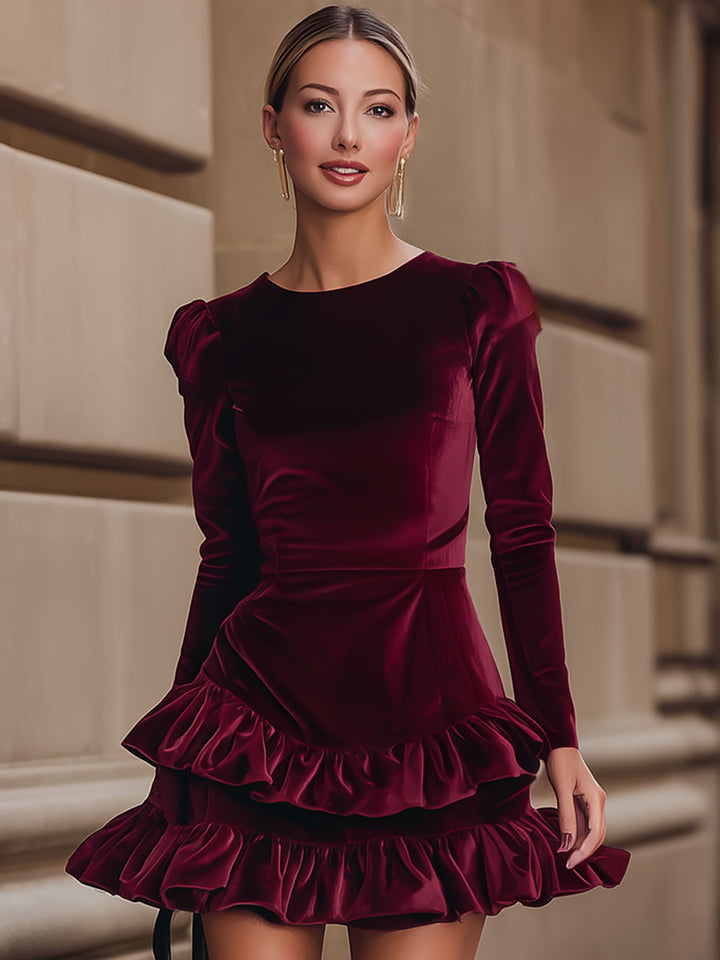 AURELIA | BURGUNDY VELVET RUFFLE DRESS