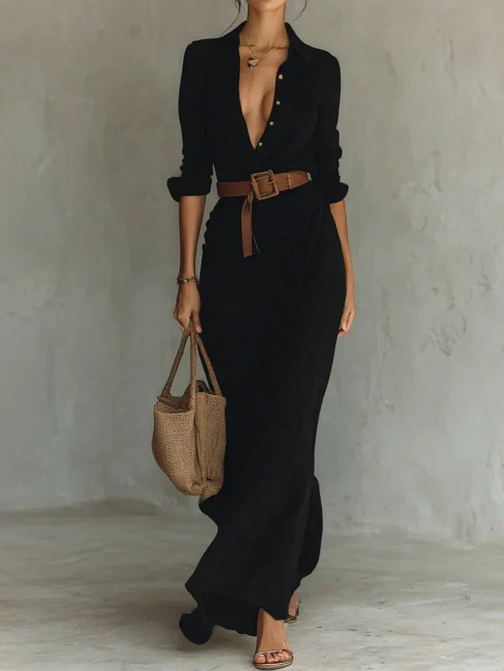 UNA | LAPEL-WRAP MAXI DRESS