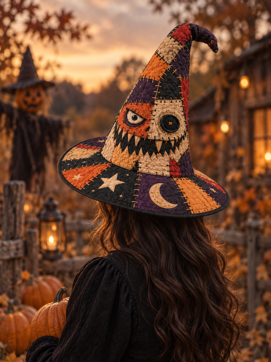 Patchwork Button-Eye Monster Gothic Handcrafted Quilted Witch Hat