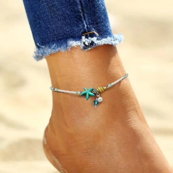 STAR & SHELL ANKLET WITH NATURAL STONES