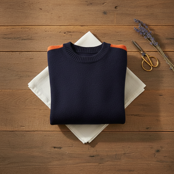 Scarlett – Dark Blue-Orange-Taupe Jumper