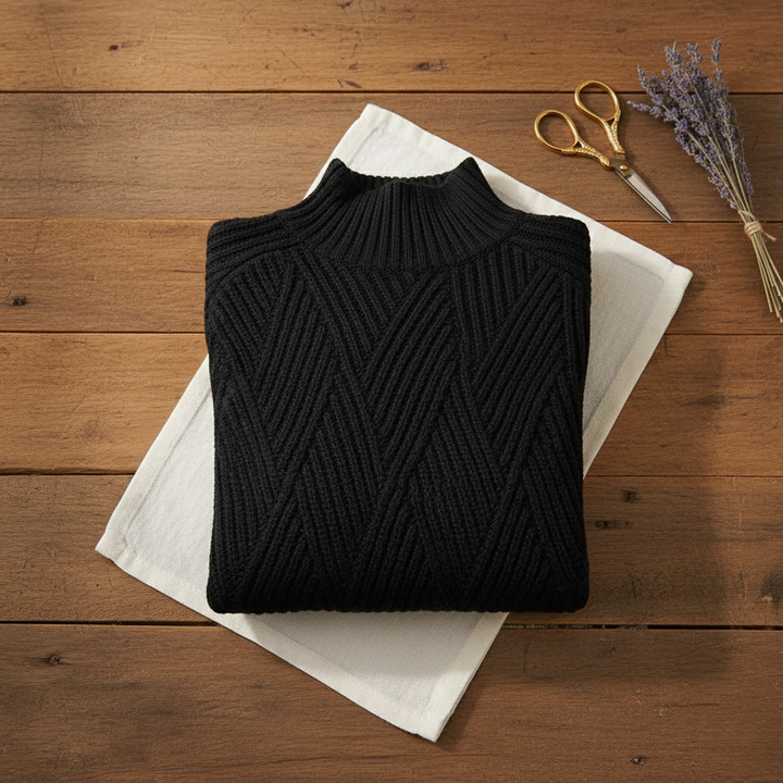 Clara – Chunky Black Jumper with V-Structure