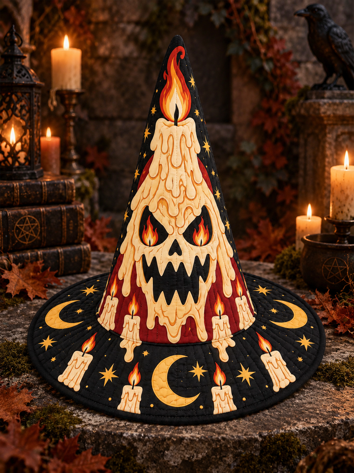 Melting Candle Skull Gothic Handcrafted Quilted Witch Hat