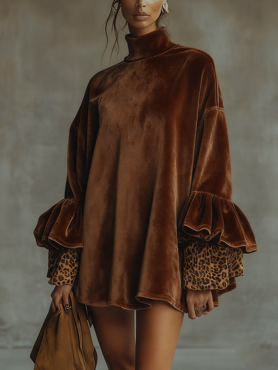 OFELIA VELVET LEOPARD CUFF FLOUNCE SLEEVE MINI DRESS