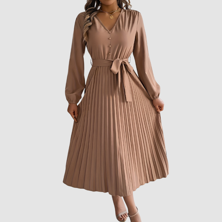 CELESTE BLOOM | PLEATED LONG-SLEEVE MIDI DRESS