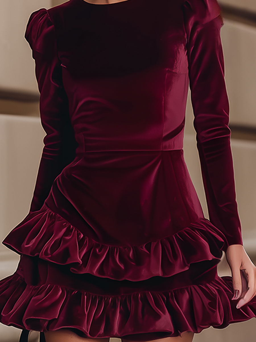 AURELIA | BURGUNDY VELVET RUFFLE DRESS