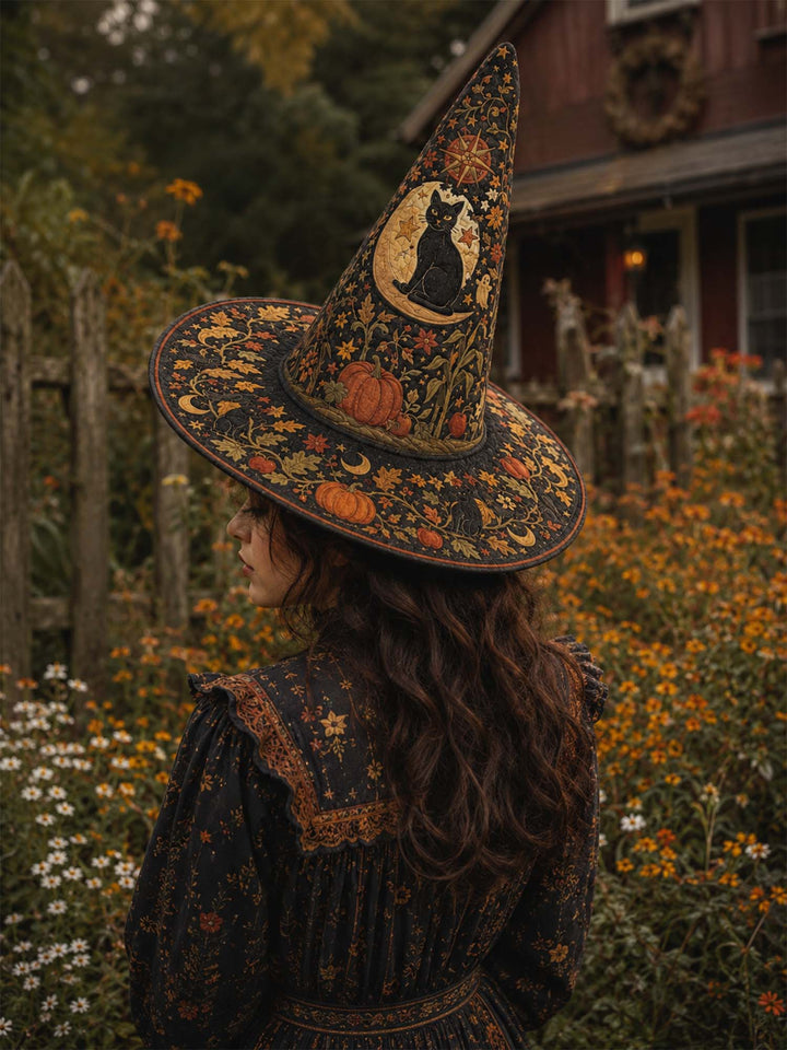 Black Cat Autumn Garden Handcrafted Quilted Witch Hat