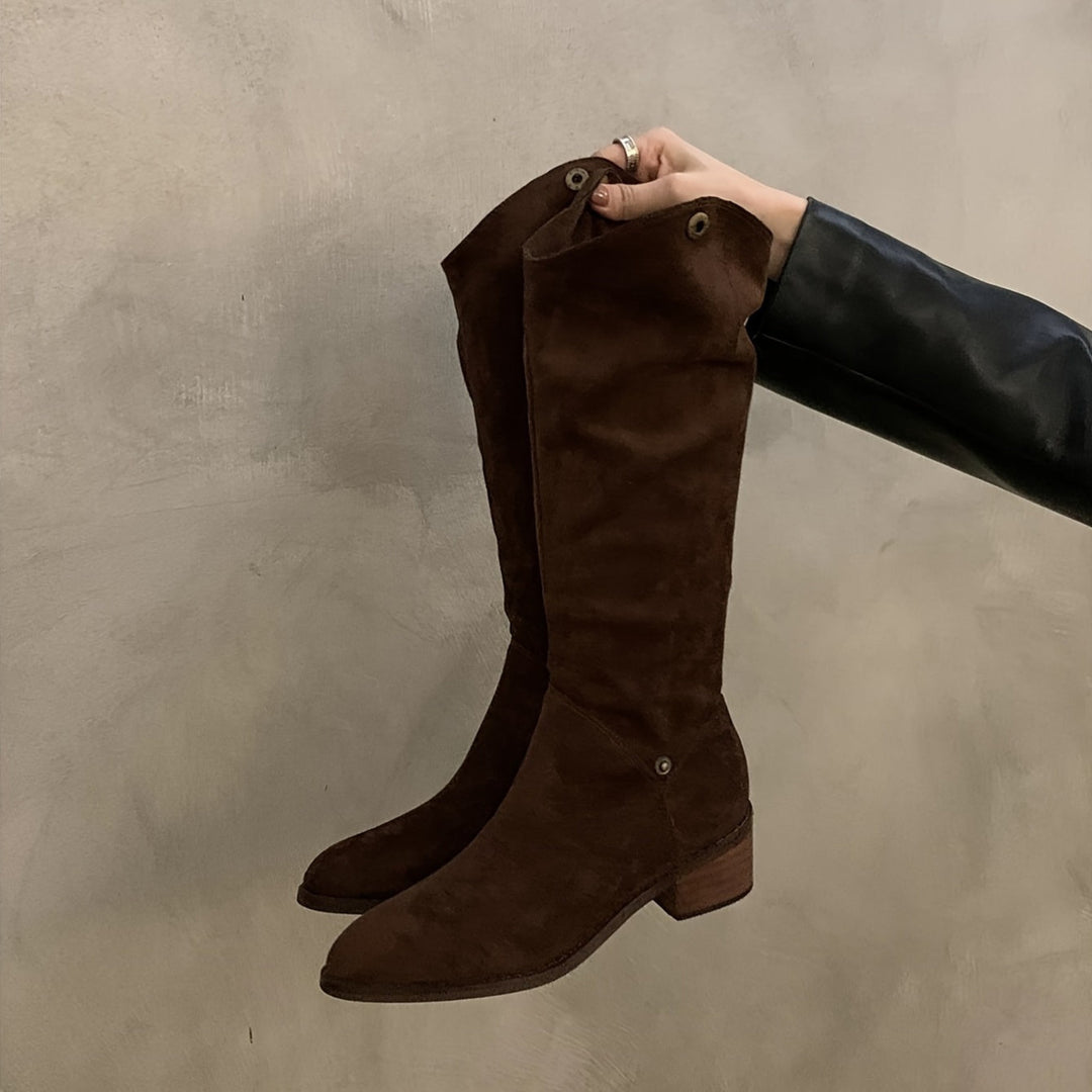 EVADNE | SOLID COLOR V-SHAPE LONG BOOTS WITH BLOCK HEEL