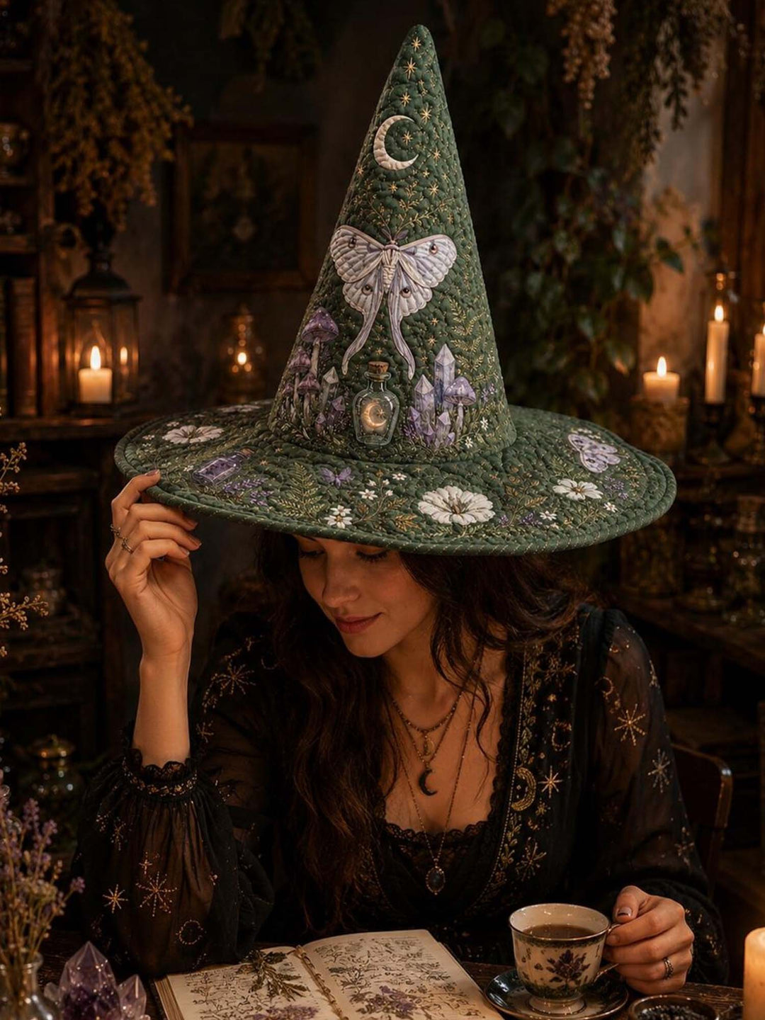 Moonlit Butterfly Mystic Garden Quilted Witch Hat