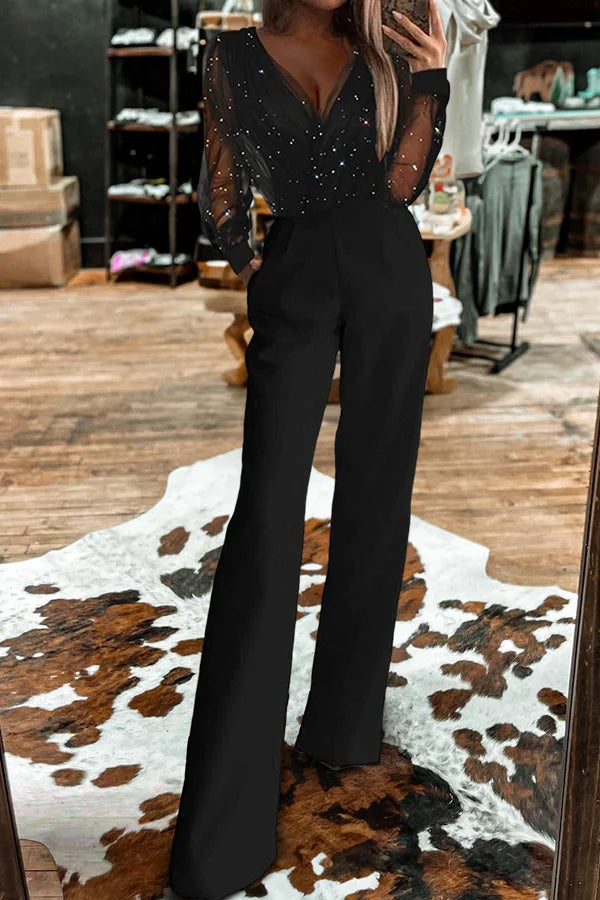 ISLIE | JUMPSUIT WITH SHEER SLEEVES AND WIDE LEGS