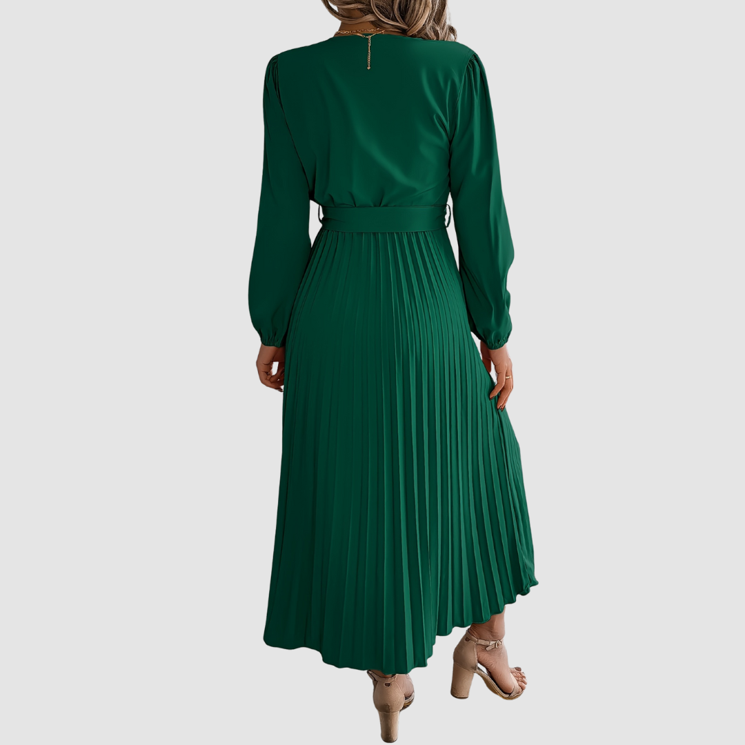 CELESTE BLOOM | PLEATED LONG-SLEEVE MIDI DRESS