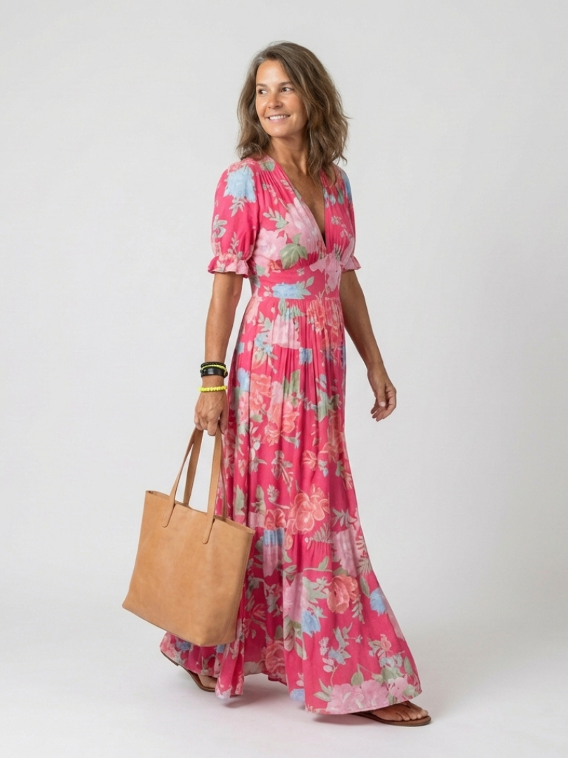Ione | Korte mouwloze V-hals bloemenprint midi-jurk