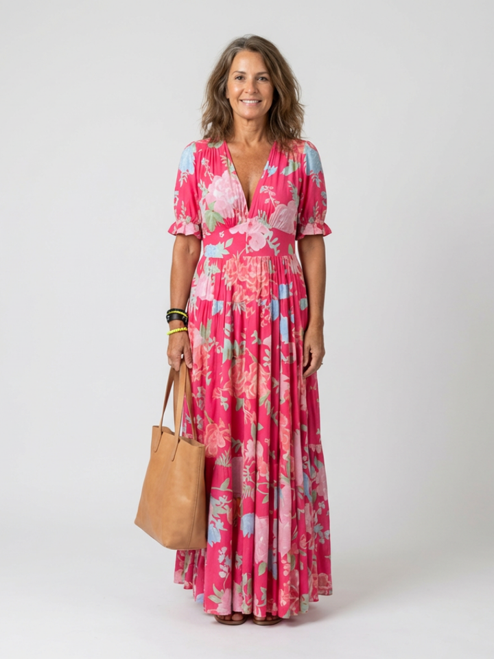 Ione | Korte mouwloze V-hals bloemenprint midi-jurk