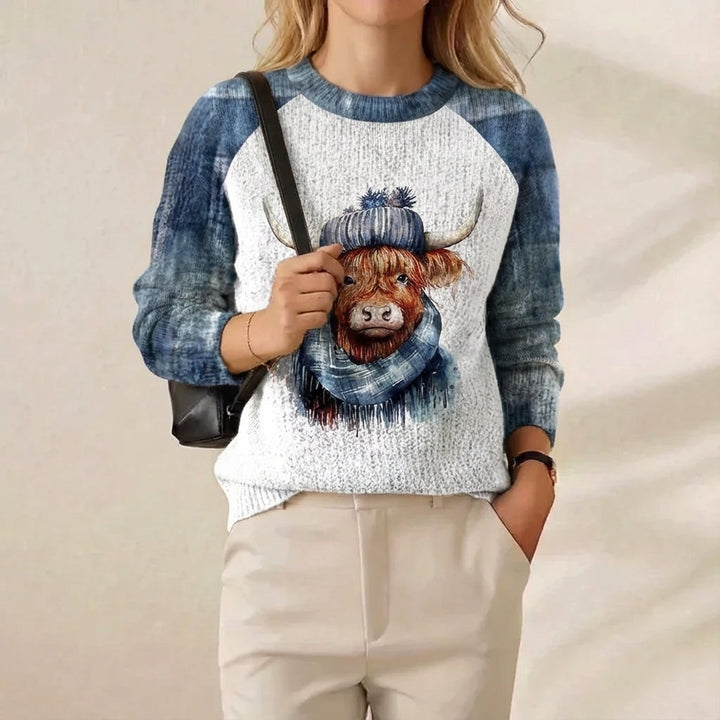 Frances – Blue & Cream Jumper with Highland Cow Pattern
