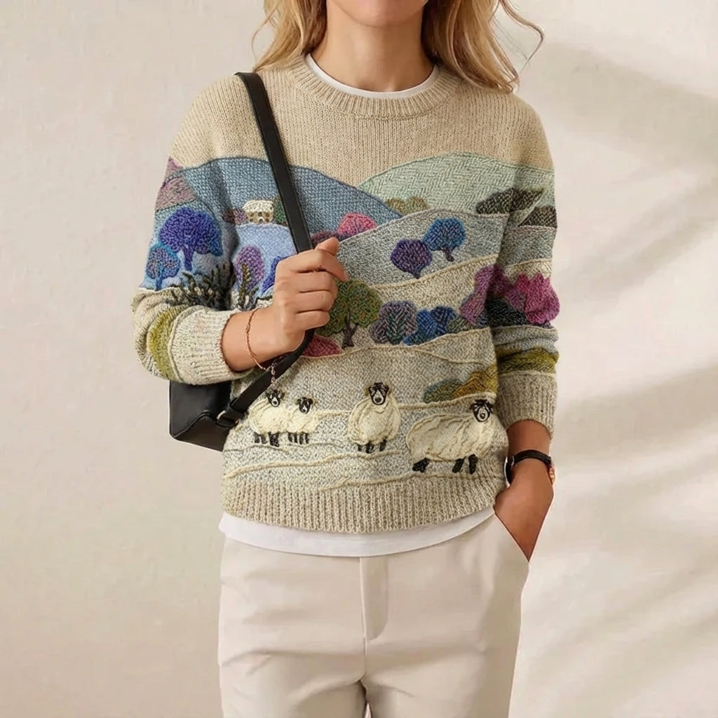 Lucy – Multicolour Jumper with Landscape & Sheep Pattern