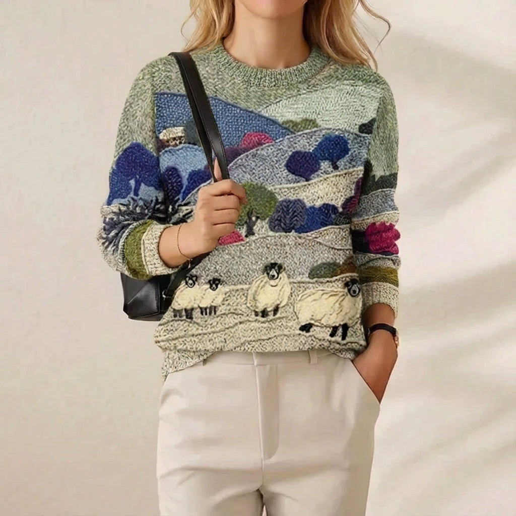 Rose – Blue & Green Jumper with Landscape & Sheep Pattern