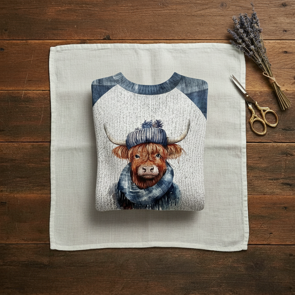 Frances – Blue & Cream Jumper with Highland Cow Pattern