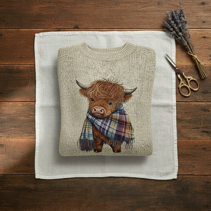 Susan – Cream Jumper with Highland Cow Pattern