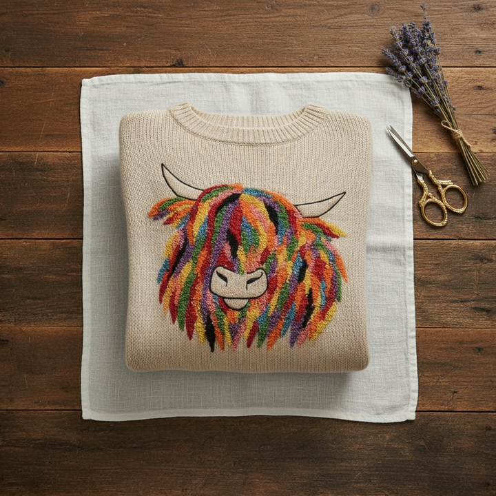 Emma – Cream Jumper with Rainbow Cow Design