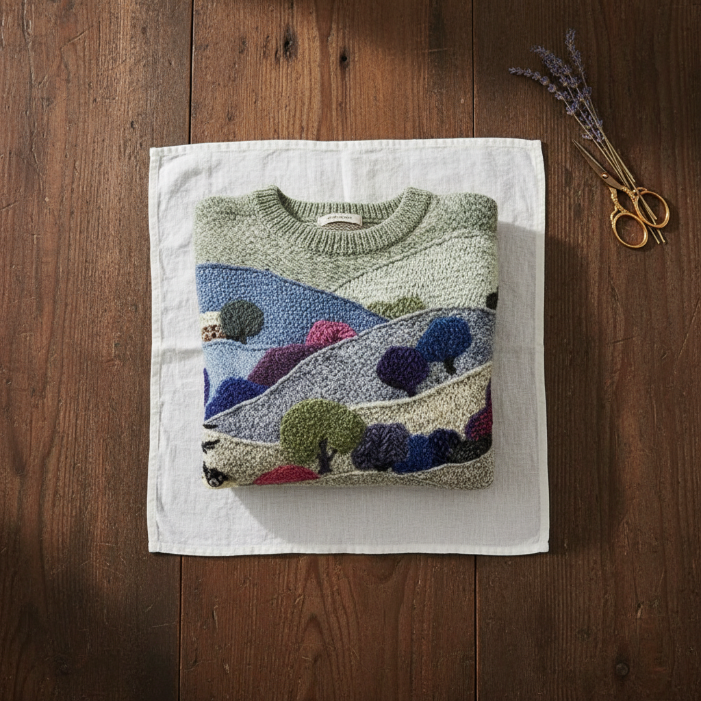 Rose – Blue & Green Jumper with Landscape & Sheep Pattern