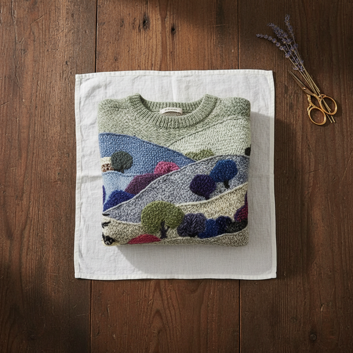 Rose – Blue & Green Jumper with Landscape & Sheep Pattern