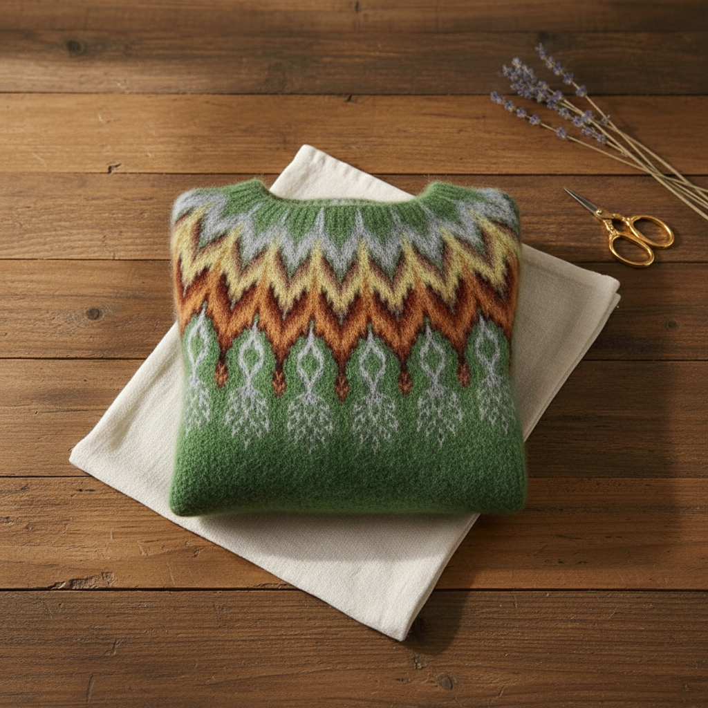 Sarah – Green Jumper with Chevron V-Pattern