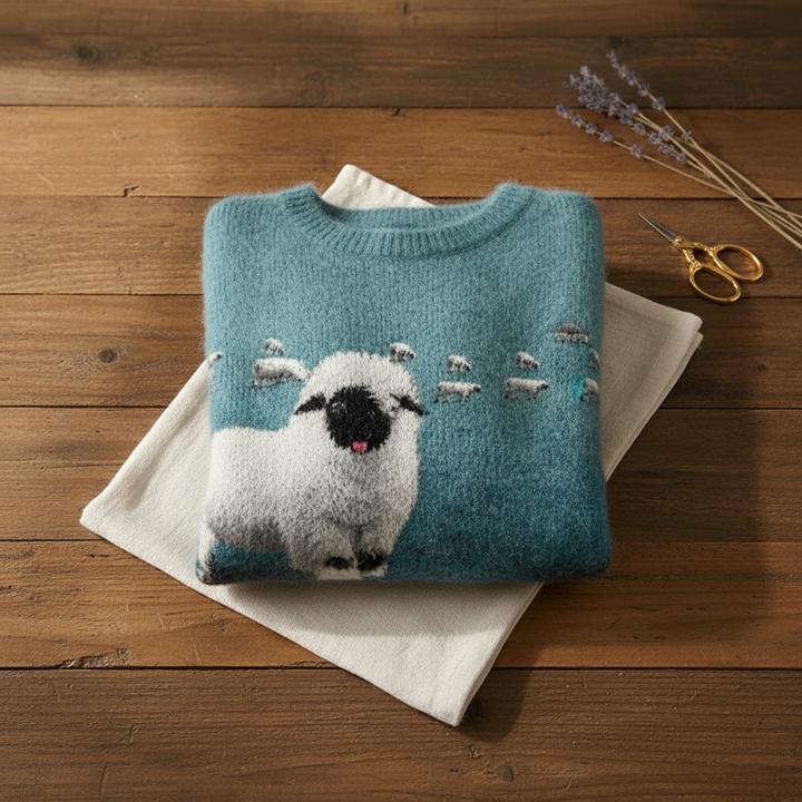 Elsie – Teal Jumper with Sheep Pattern