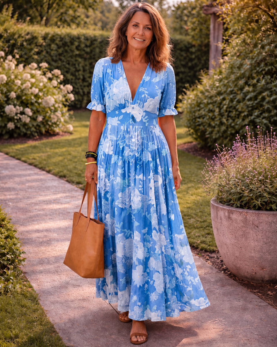 Ione | Korte mouwloze V-hals bloemenprint midi-jurk