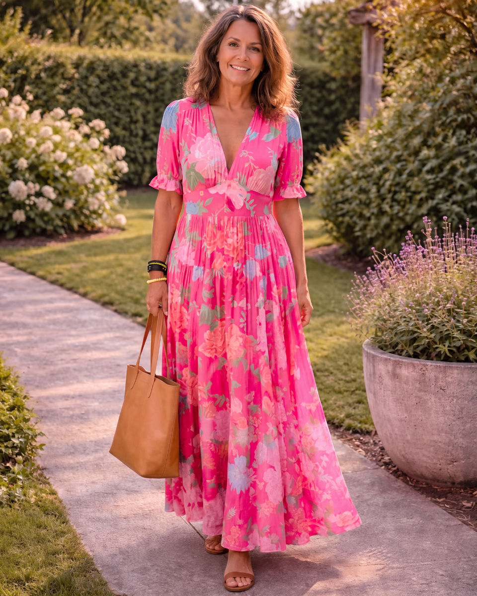 Ione | Korte mouwloze V-hals bloemenprint midi-jurk